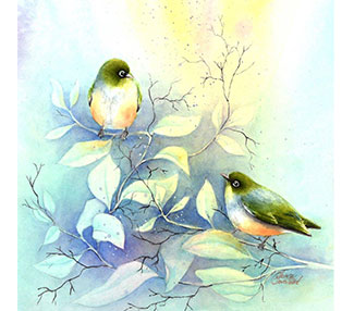2 birds on branches in winter