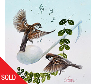 2 birds flying aroung a note